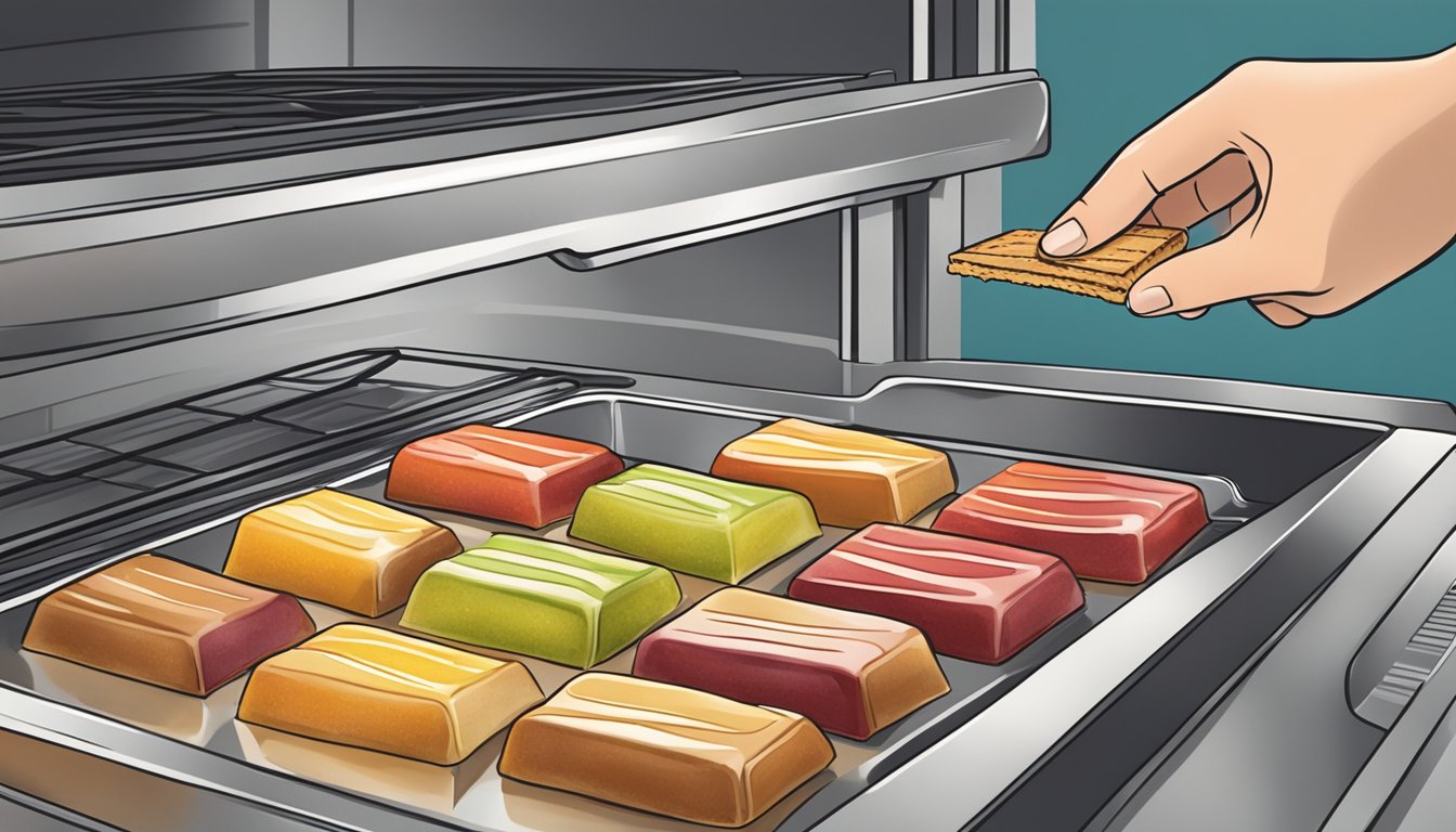 A person placing gluten-free fruit bars on a baking sheet in an oven