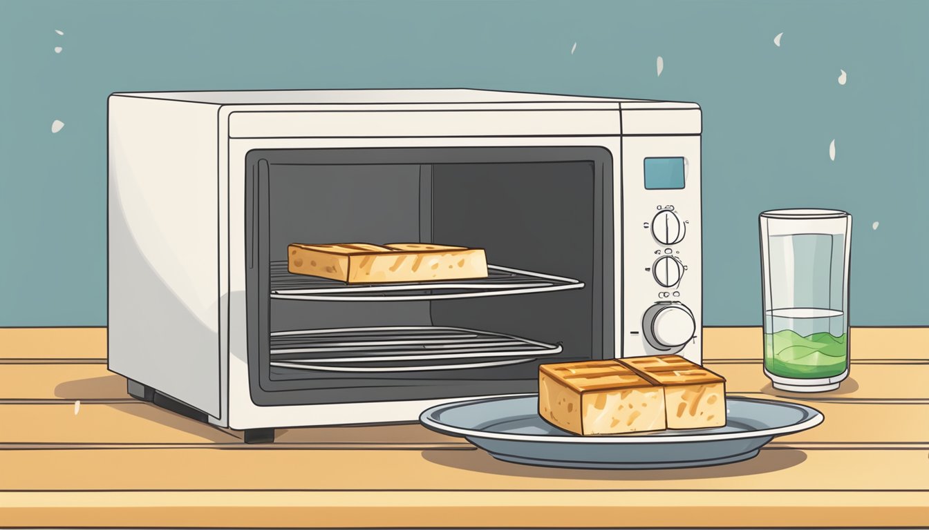 A plate of grilled tofu being reheated in a microwave, with steam rising from the tofu and a fork placed next to the plate