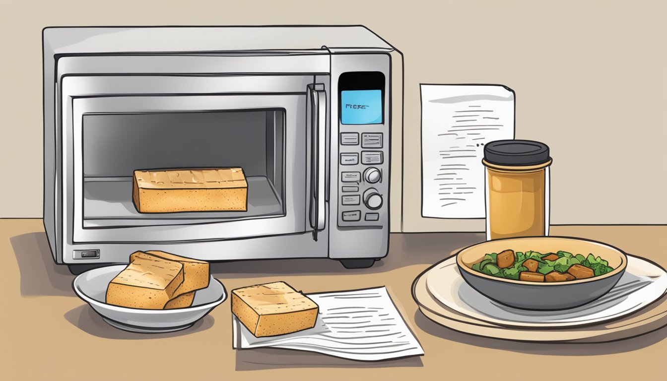 A microwave with a plate of grilled tofu inside, a container of gluten-free sauce, and a note on reheating instructions