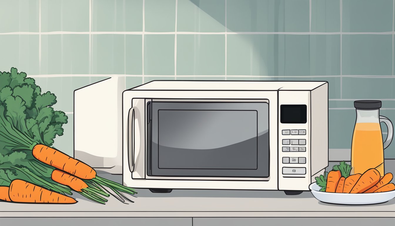 A microwave with a plate of gluten-free glazed carrots inside, a fork placed on the side, and a timer set for reheating