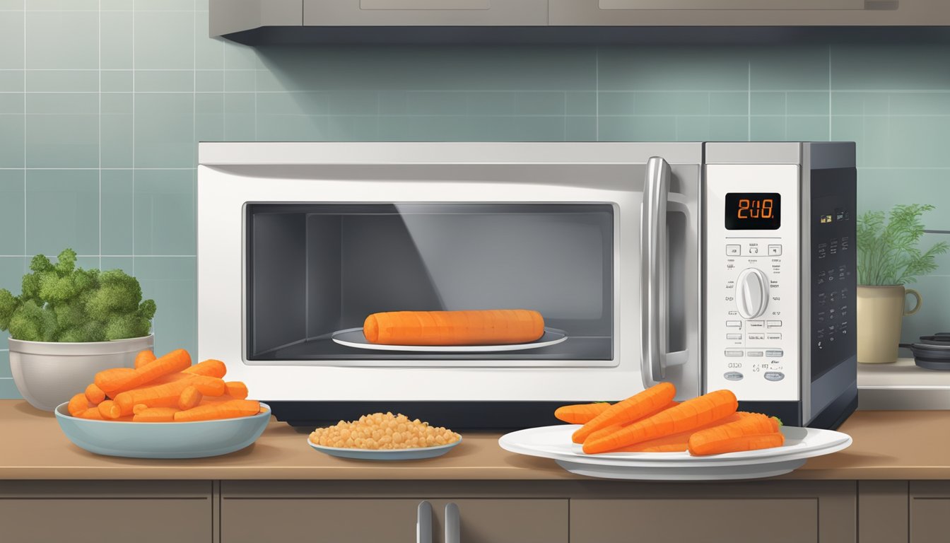 A microwave with a plate of gluten-free glazed carrots inside, a timer set and the carrots steaming as they heat up