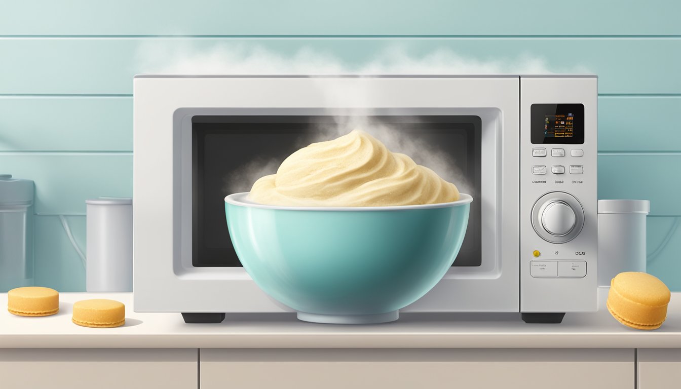 A bowl of gluten-free gelato being gently warmed in a microwave, with steam rising from the creamy dessert