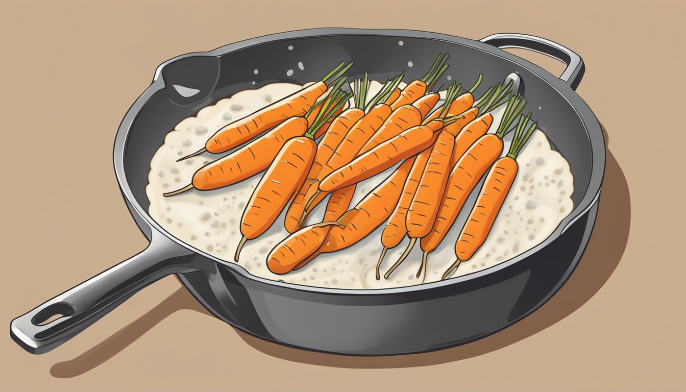 Gluten free glazed carrots being reheated in a skillet, steam rising, golden brown and glistening with a fork nearby