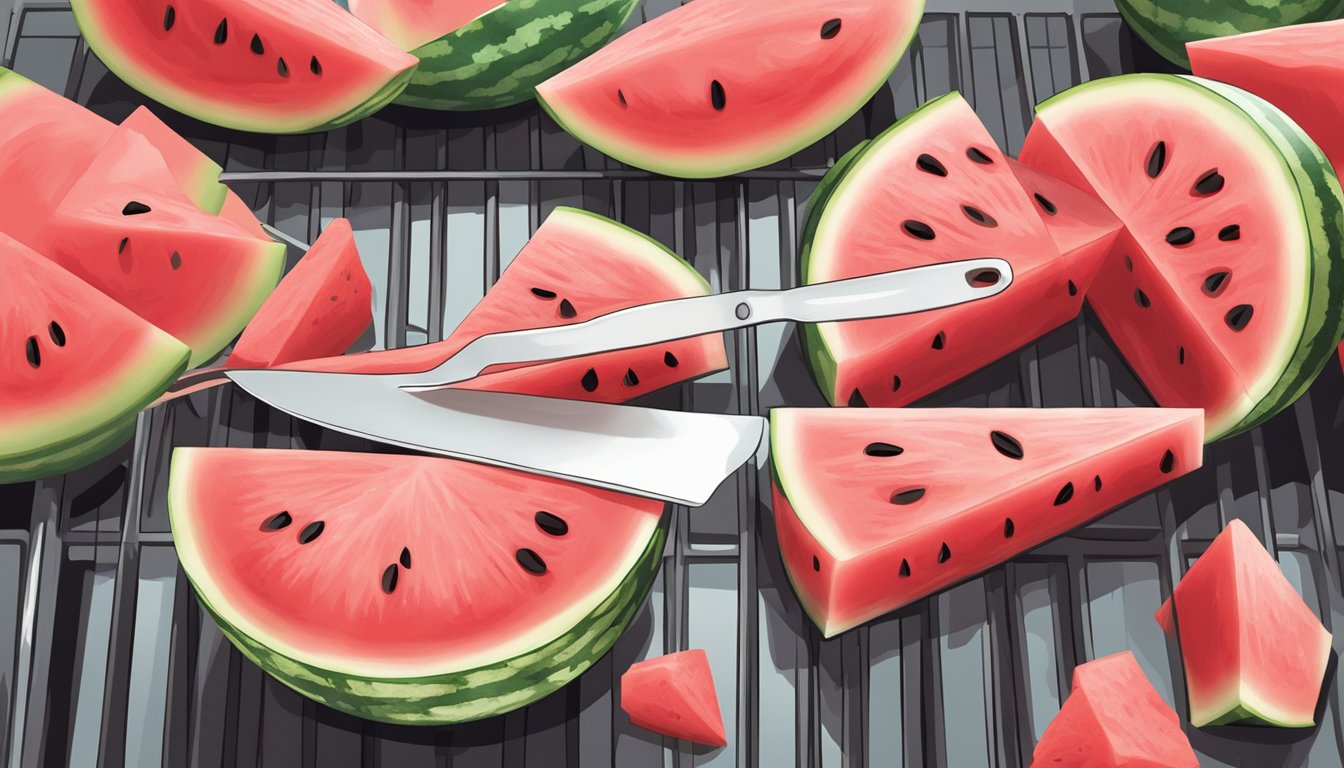 A watermelon being sliced and prepared for grilling, with a gluten-free glaze being brushed onto the slices before they are placed on the grill