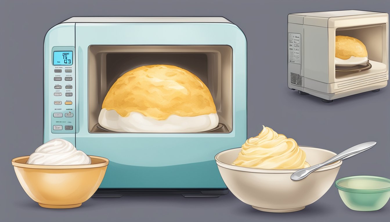 A microwave with a bowl of gluten-free gelato covered with a microwave-safe lid, a spoon, and a timer set for reheating