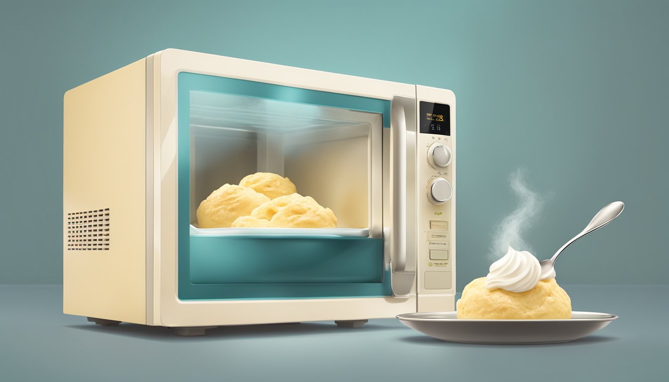 A microwave with a bowl of gluten-free gelato inside, a spoon resting on the side, and steam rising from the creamy dessert