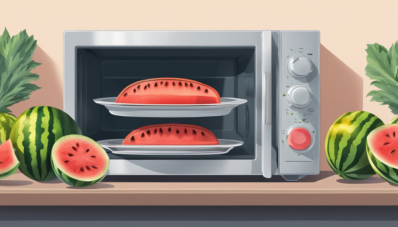 A plate with grilled watermelon being reheated in a microwave, oven, and skillet