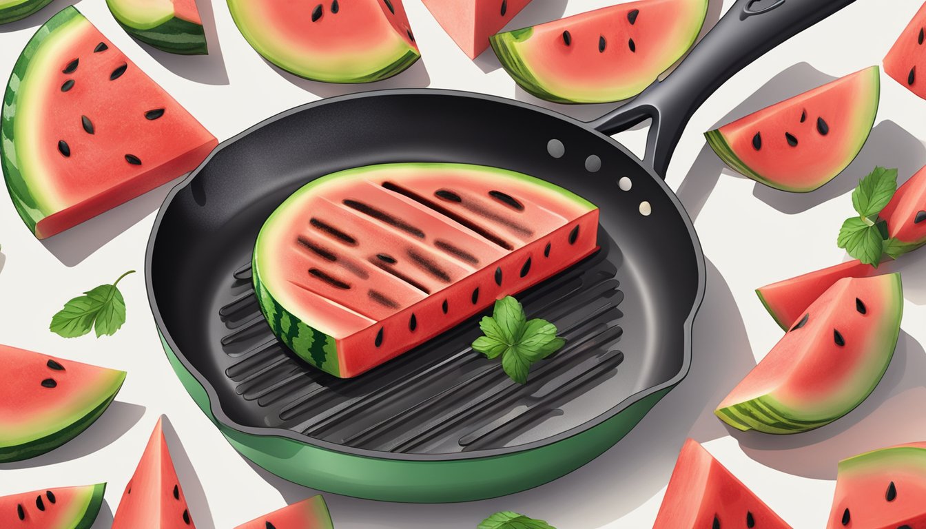 A slice of grilled watermelon being heated on a non-stick skillet over a stovetop