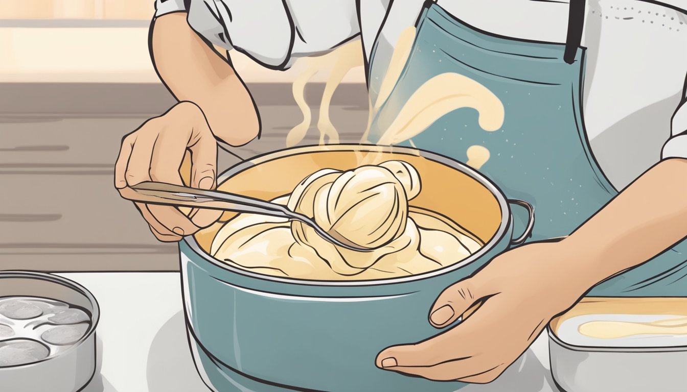 A person carefully reheating gluten-free gelato in a small pot over low heat, stirring gently until it reaches the perfect creamy texture