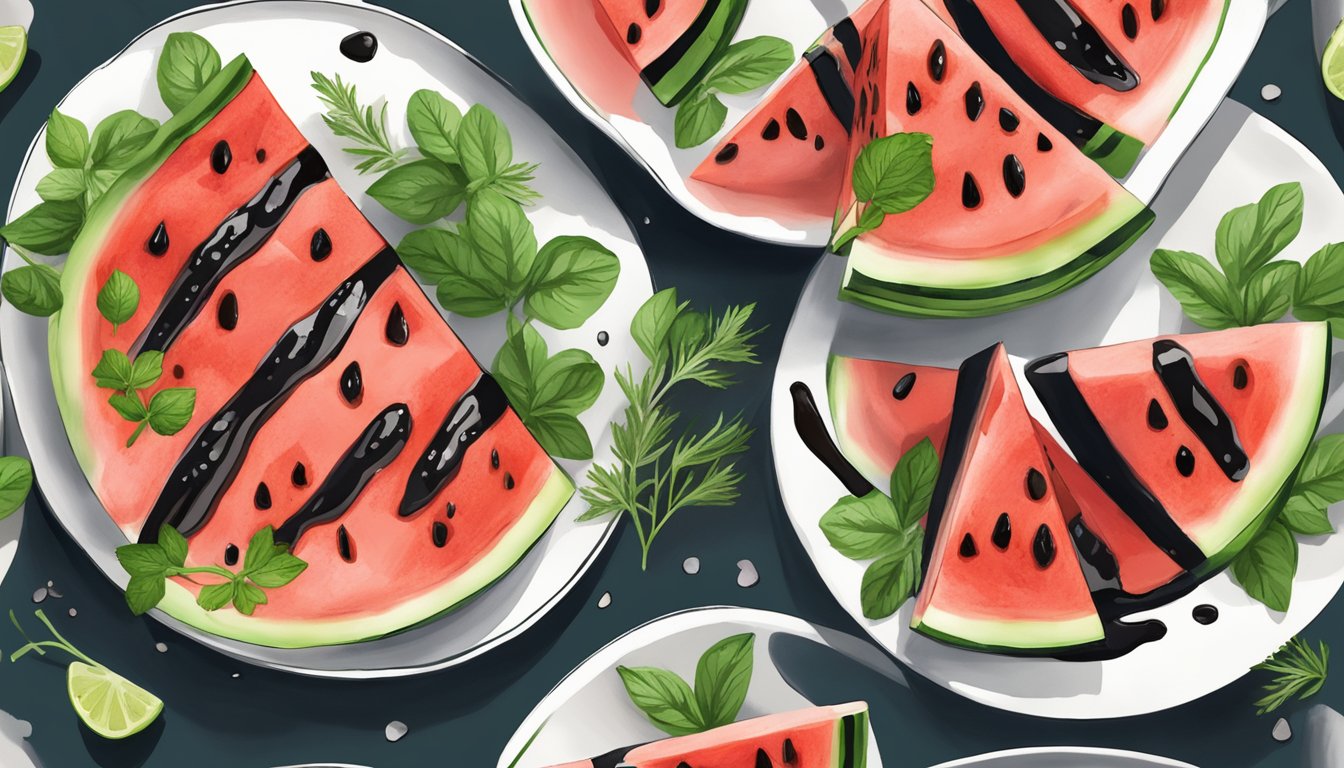 A plate with reheated gluten-free grilled watermelon slices, garnished with fresh herbs and a drizzle of balsamic glaze