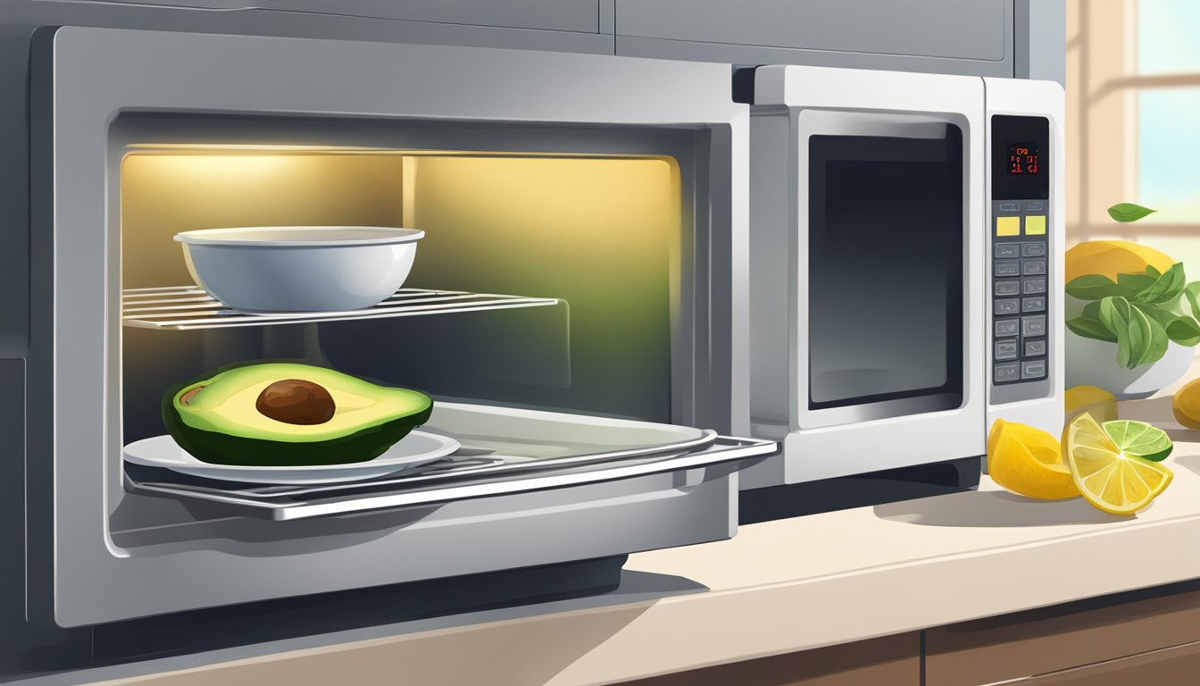 A plate with a halved grilled avocado being reheated in a microwave