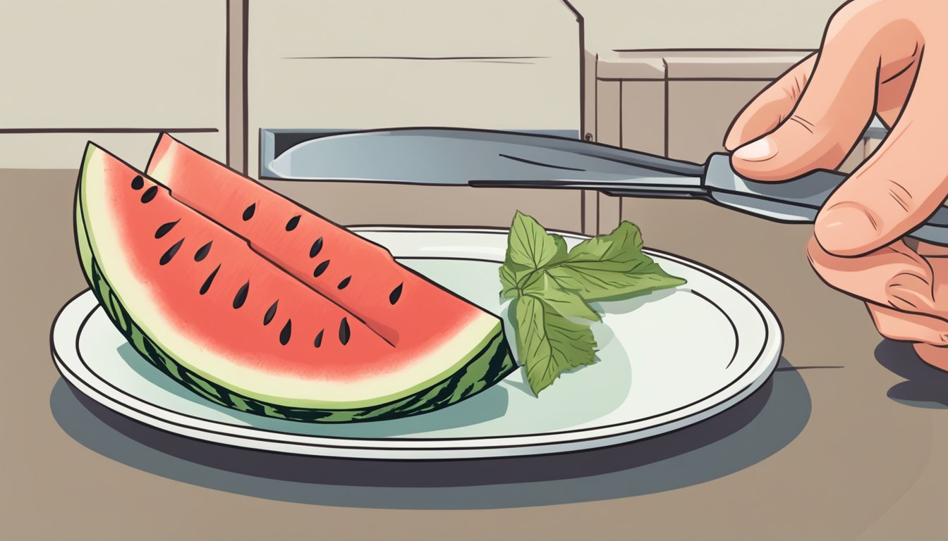 A person placing a slice of grilled watermelon on a clean, separate plate before reheating it in the microwave