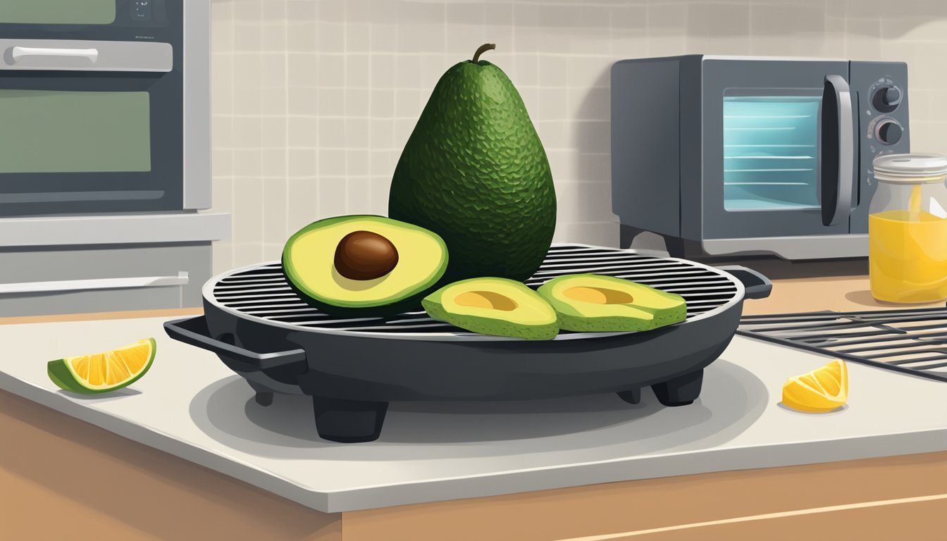 A halved avocado on a grill, with grill marks visible. A microwave in the background