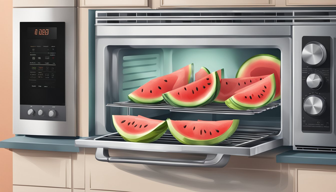 A kitchen scene with a grill, watermelon slices, a microwave, and a timer