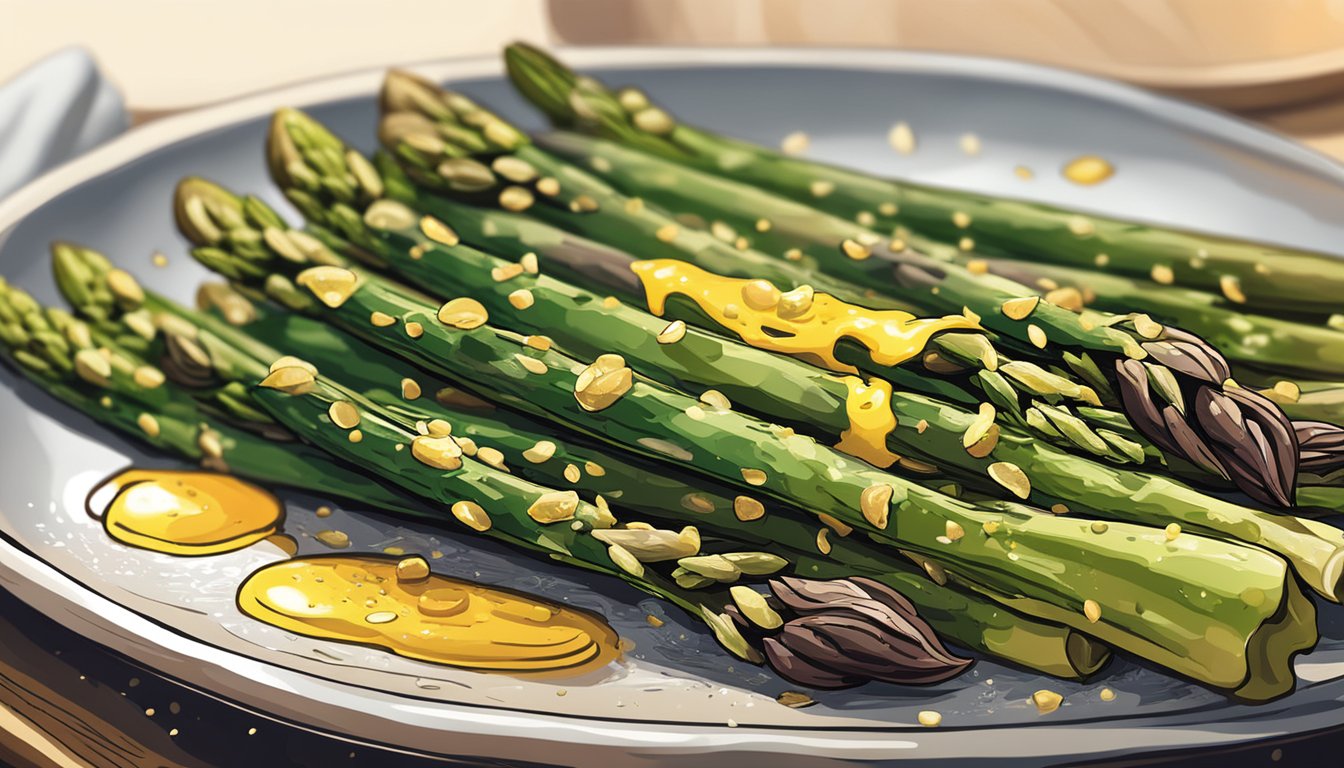 Grilled asparagus on a plate, steaming from being reheated, with a sprinkle of seasoning and a drizzle of olive oil