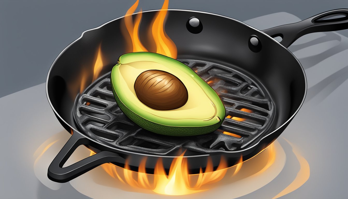 A grilled avocado half sits on a skillet, being heated over a stovetop flame