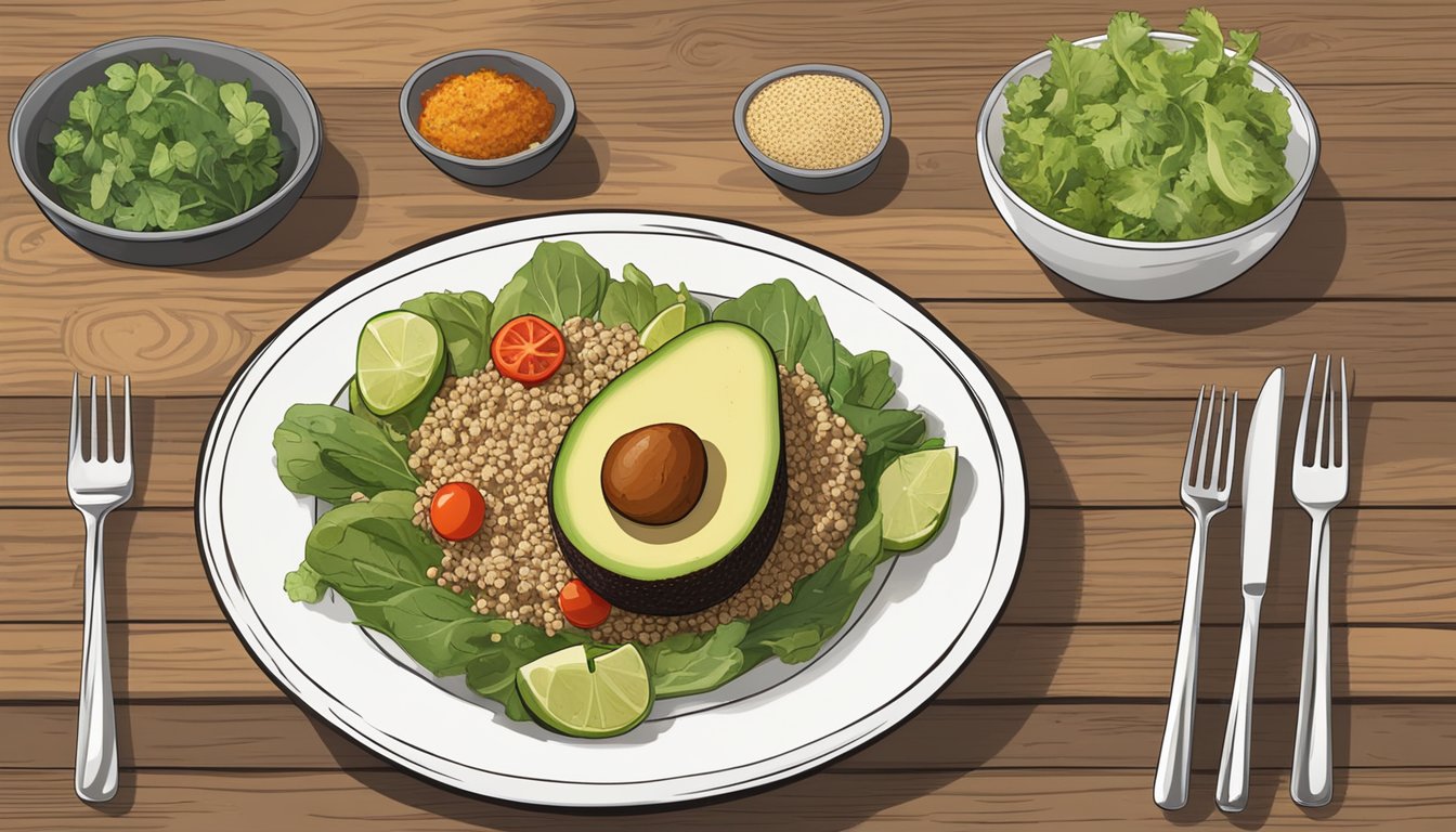 A plate with reheated gluten-free grilled avocado, accompanied by suggested pairings like salad and quinoa, set on a wooden table