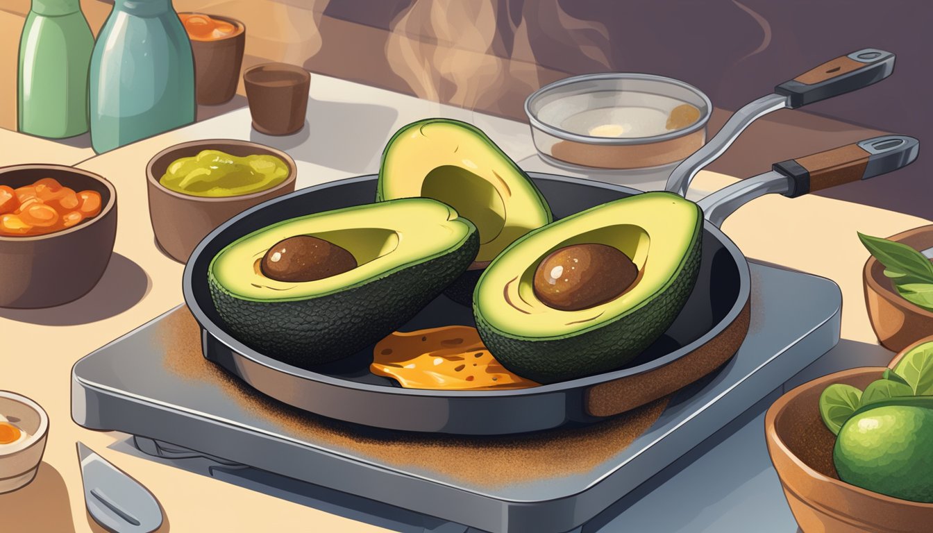 A gluten-free grilled avocado being reheated with sauces and toppings on a sizzling hot pan