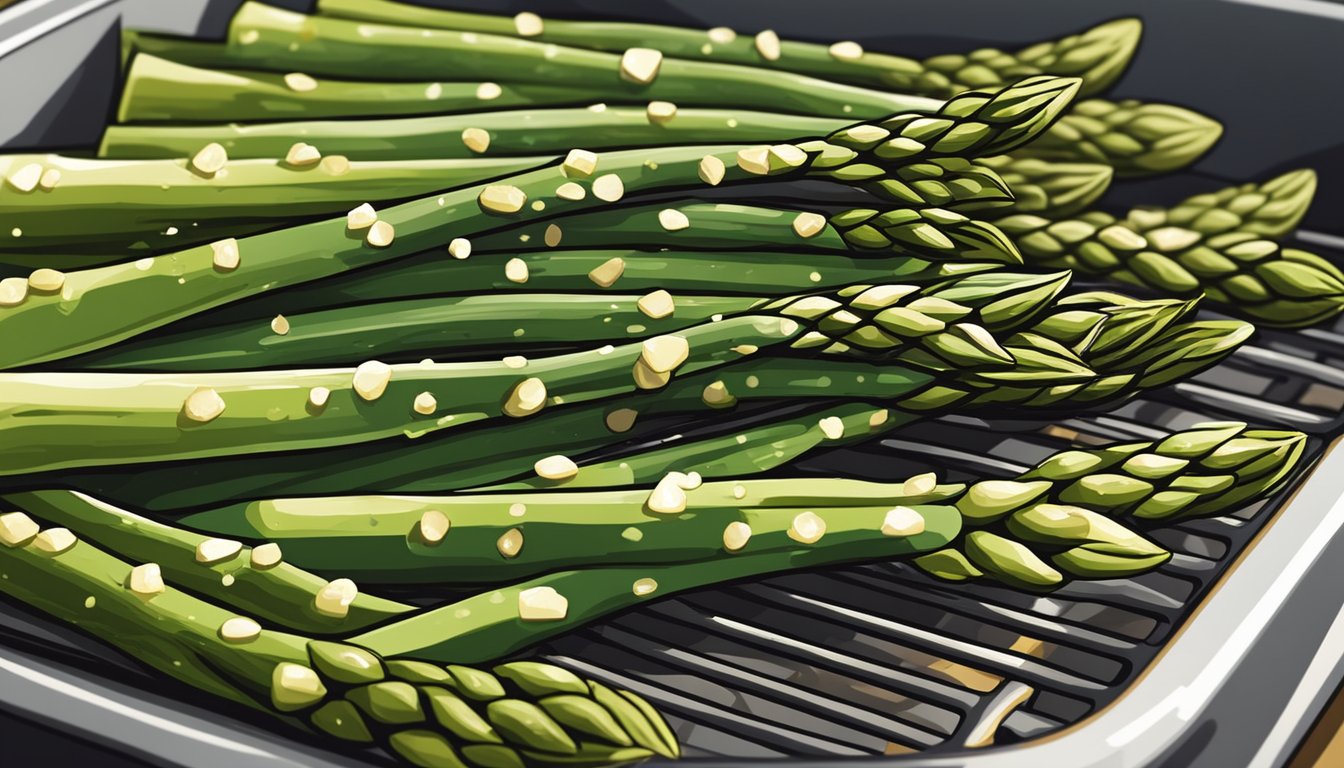 Freshly grilled asparagus being drizzled with olive oil and sprinkled with sea salt before being placed in the oven for reheating