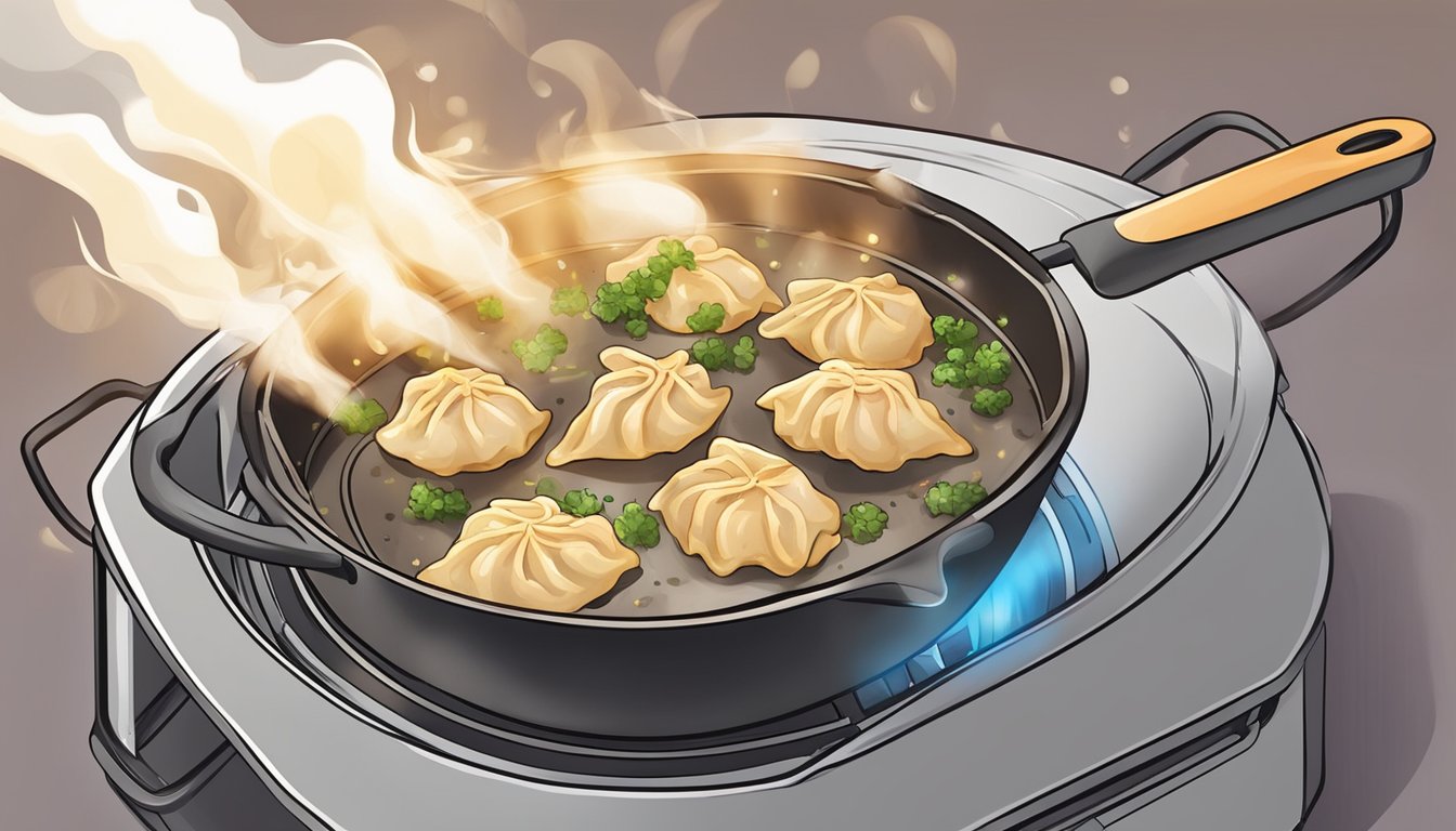 A steaming skillet with sizzling gluten-free gyoza potstickers being reheated, emitting a savory aroma