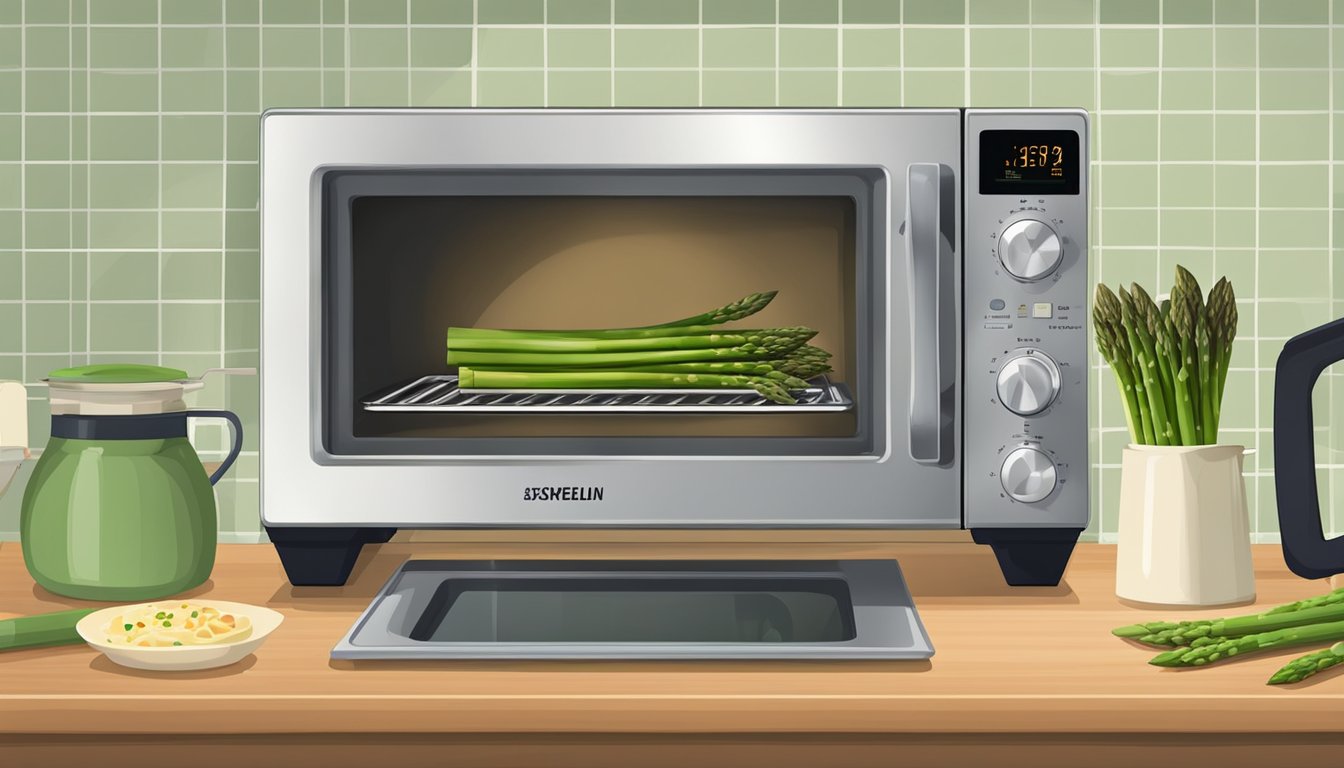 A microwave with a plate of grilled asparagus inside, a stovetop with a pan, and an oven with a baking sheet of asparagus