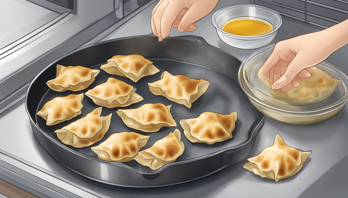 A plate of gluten free gyoza potstickers being stored in an airtight container in the refrigerator, then being reheated in a non-stick skillet with a small amount of oil until crispy and golden brown