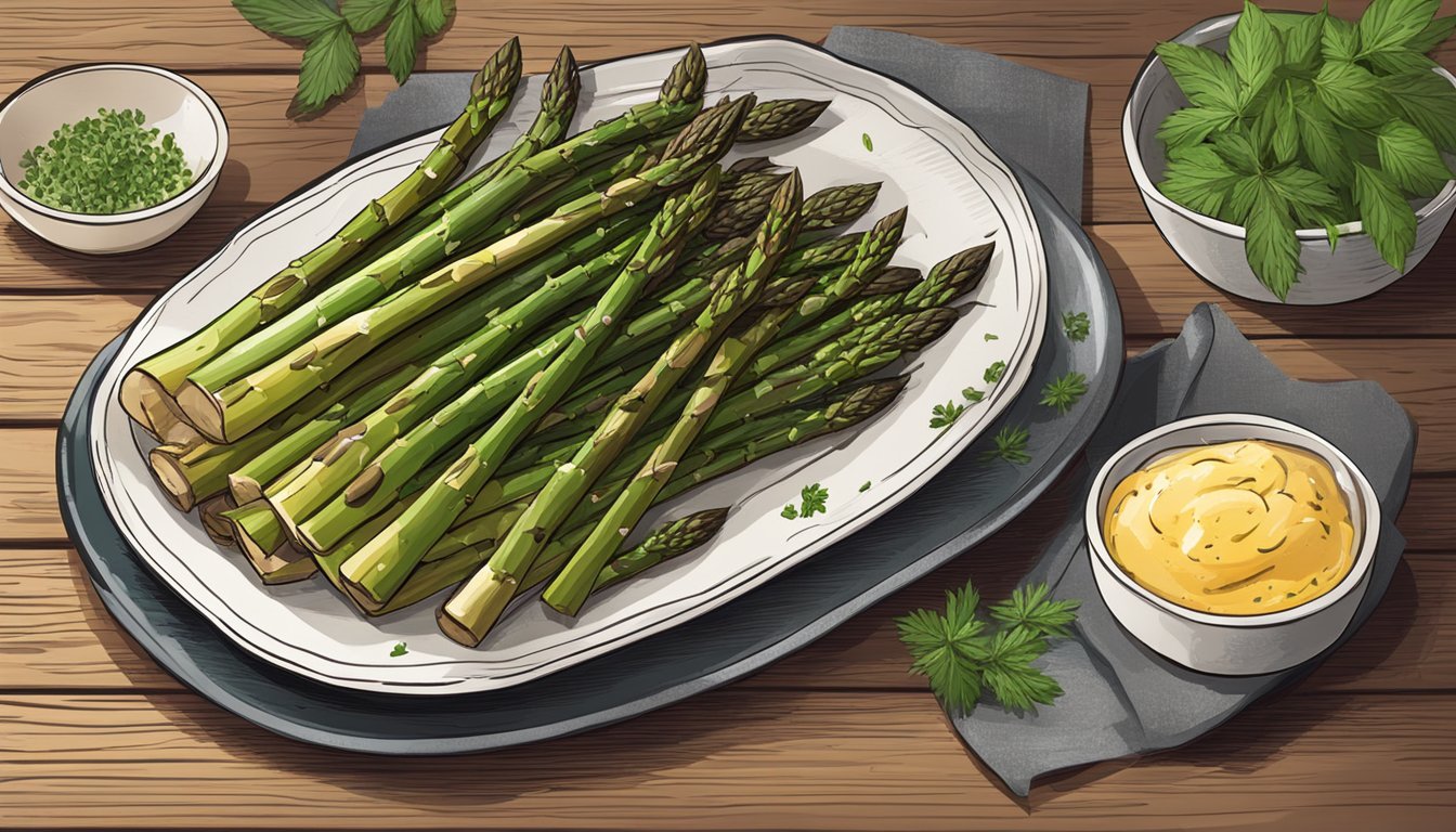 A plate with reheated gluten-free grilled asparagus, garnished with herbs, placed on a wooden table