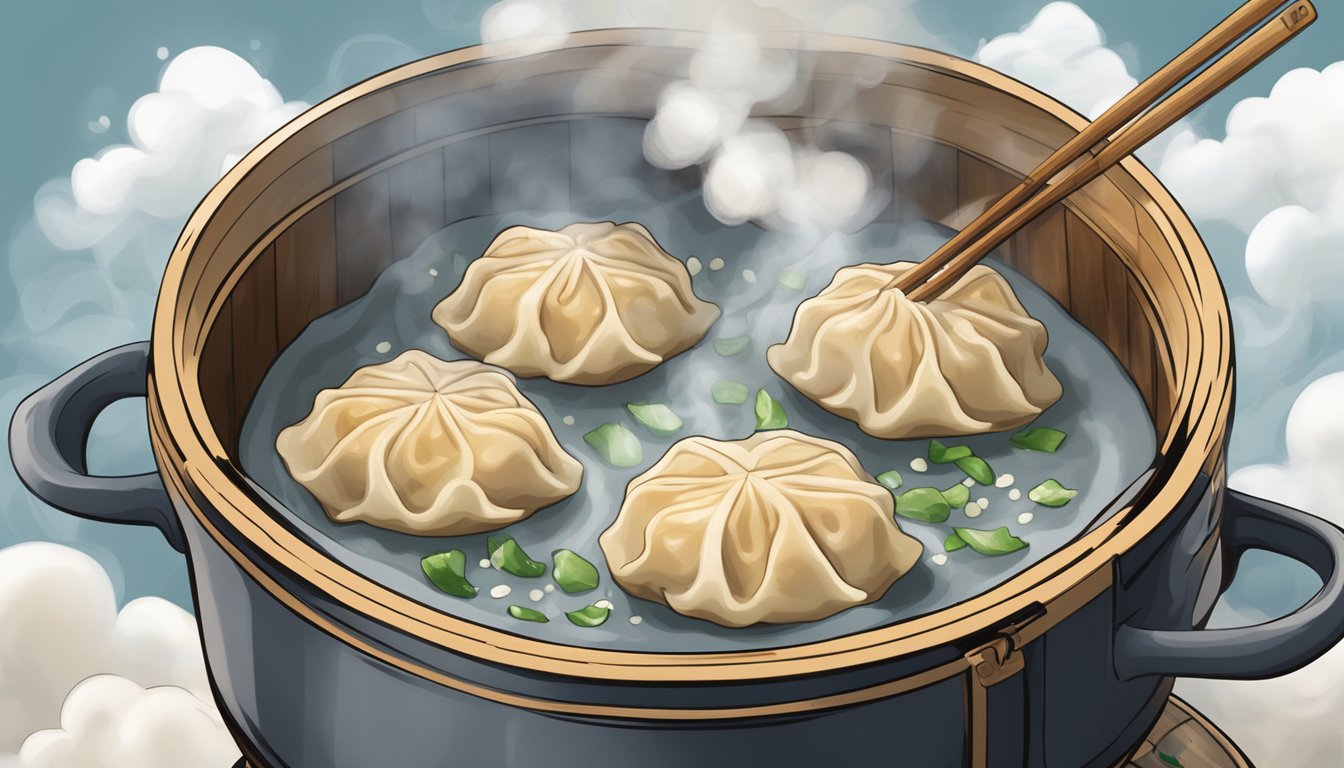 A steaming pot of gluten free gyoza potstickers, surrounded by a cloud of steam, sitting on a bamboo steamer, ready to be reheated for optimal taste and texture