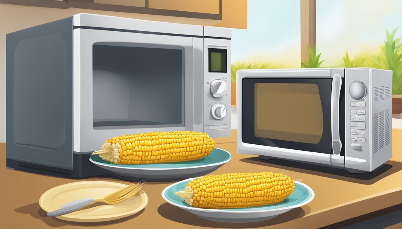 A plate with a grilled corn cob, a microwave, and a timer