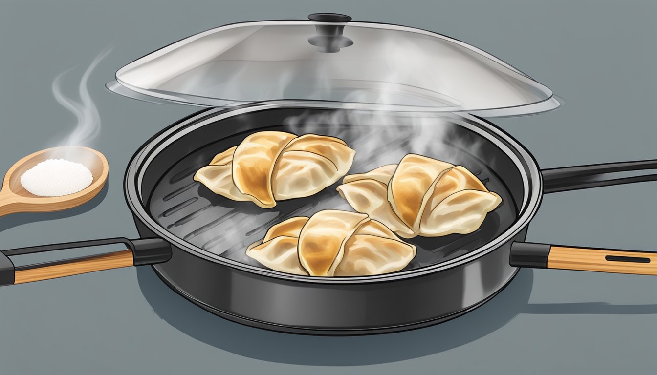 A steaming pot of gluten-free gyoza potstickers being reheated on a non-stick pan over medium heat, with a lid covering the pan to ensure even heat distribution