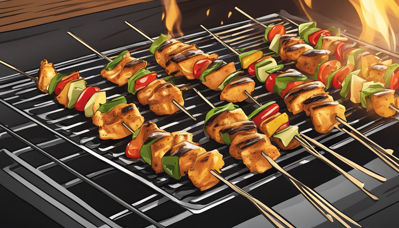 Gluten-free grilled chicken skewers being reheated on a sizzling grill