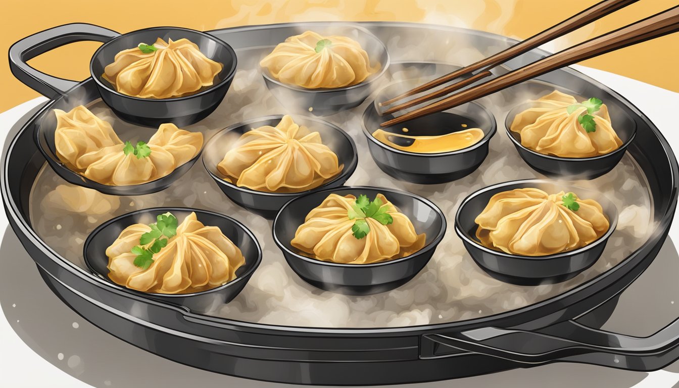 A steaming skillet with sizzling gluten-free gyoza potstickers, golden and crispy on one side