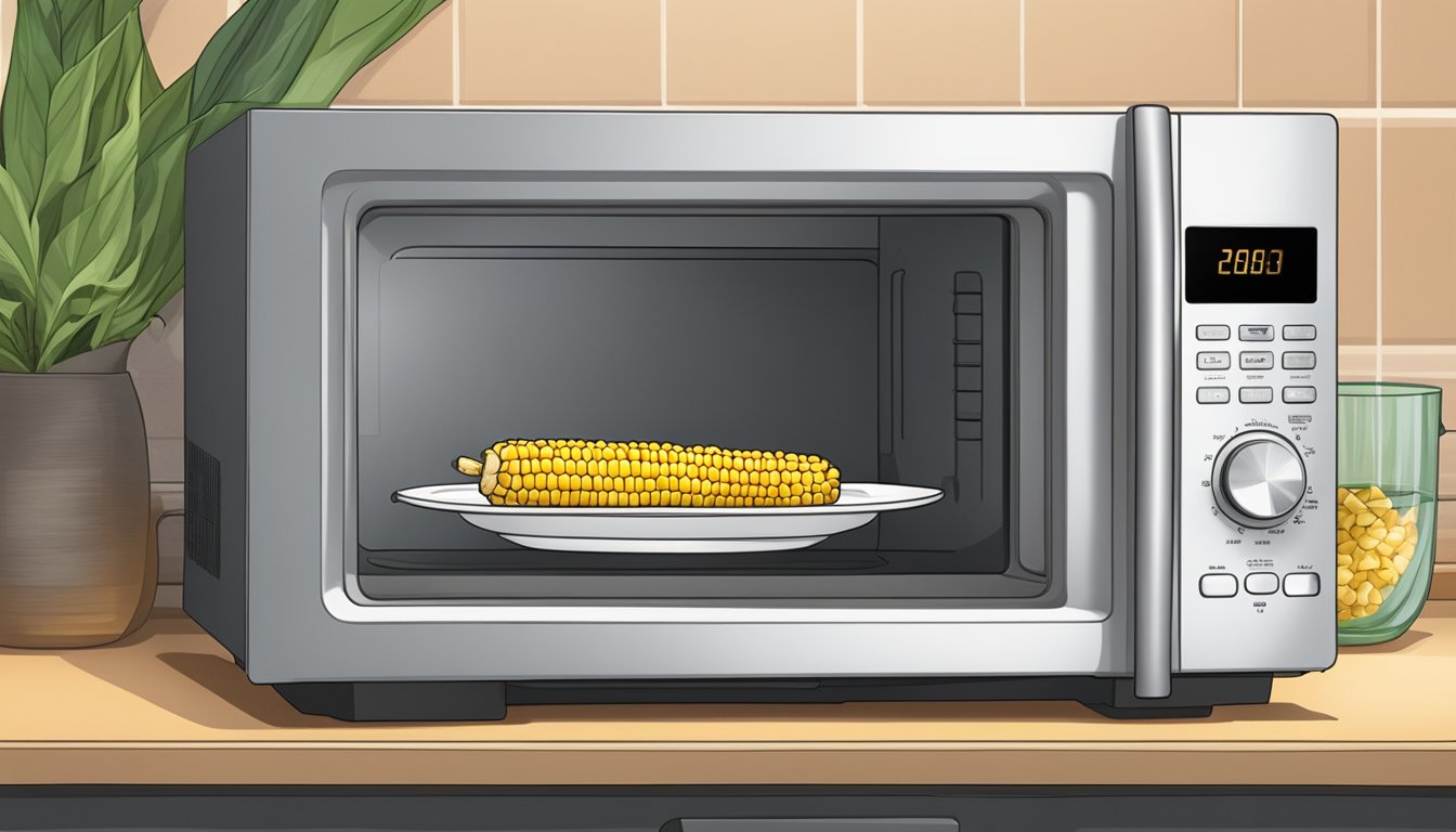 A microwave with a plate of grilled corn on the cob inside, with a cover to prevent splattering