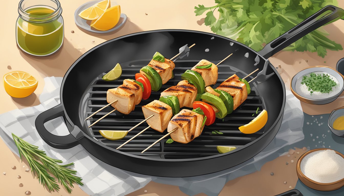 Gluten-free grilled chicken skewers being heated on a non-stick pan with a sprinkle of herbs and spices