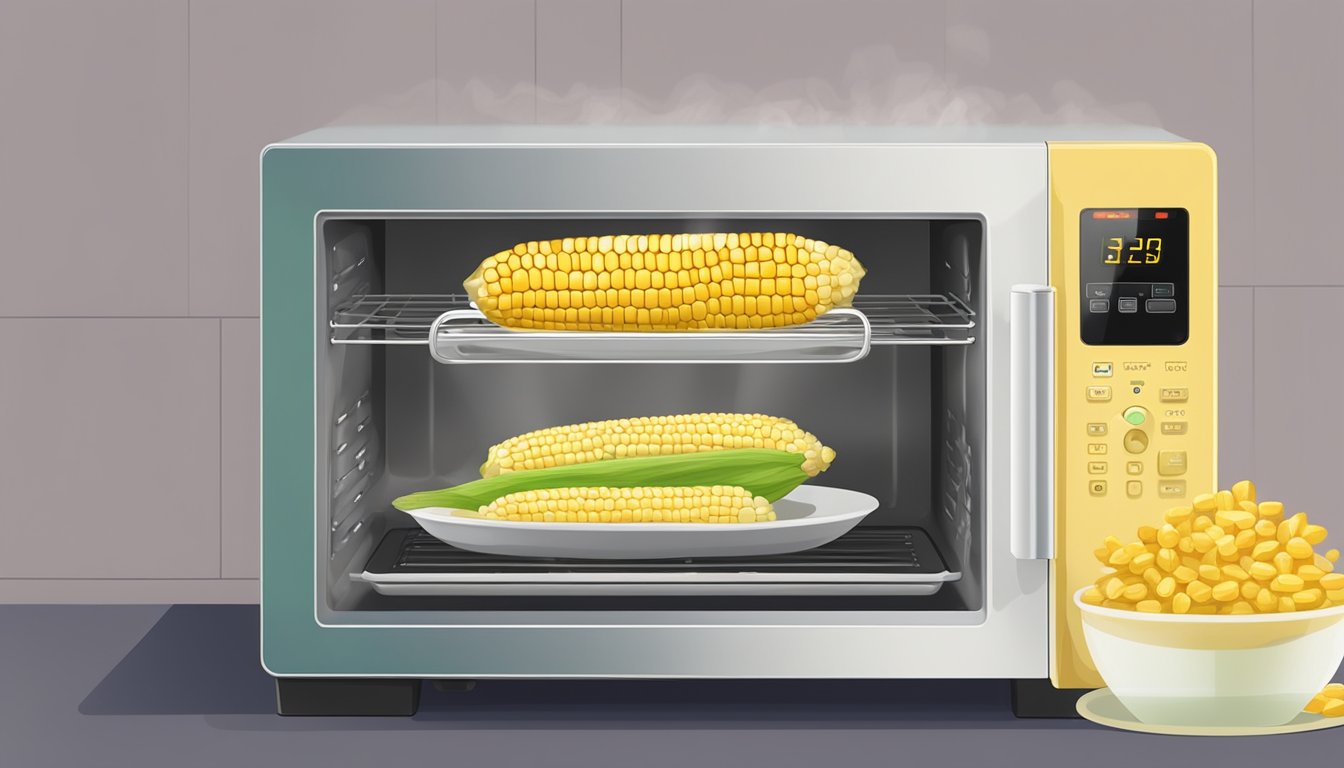 A plate of gluten-free grilled corn on the cob being reheated in the microwave, with steam rising from the kernels