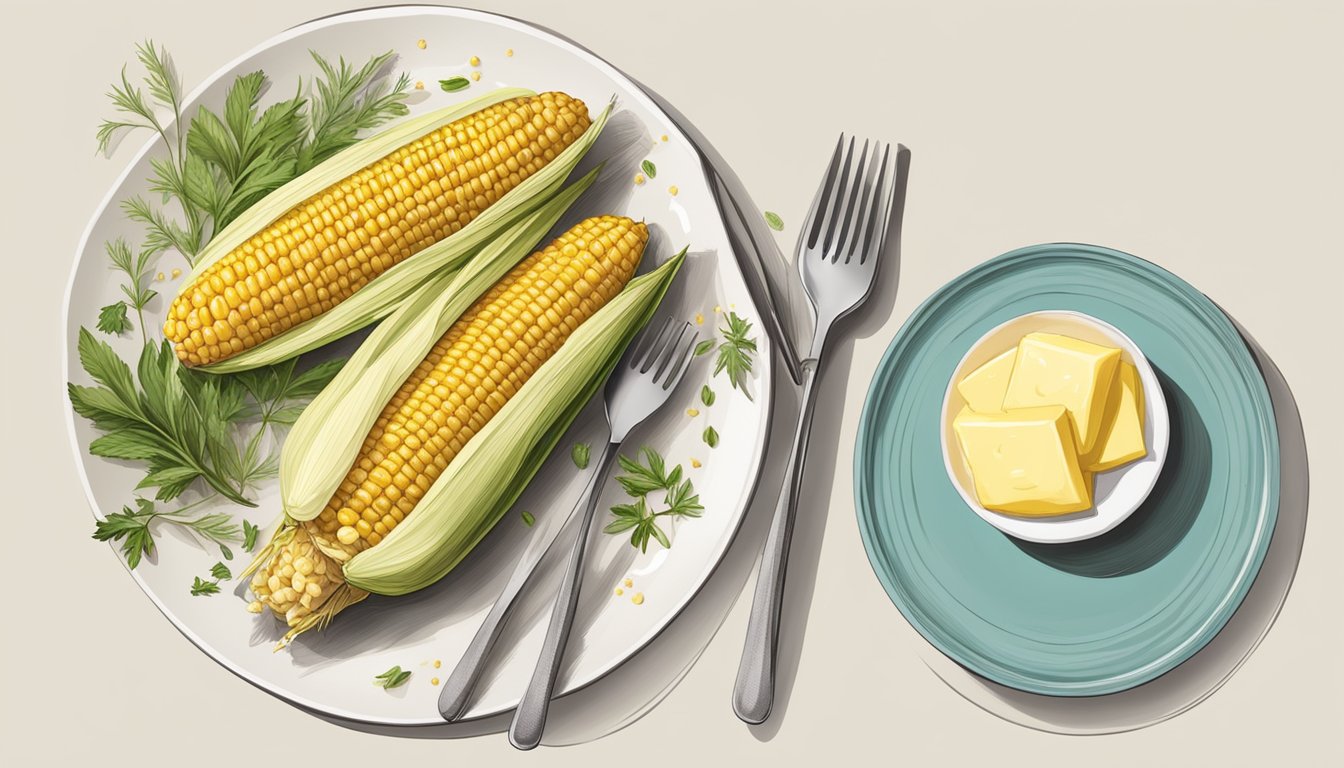 A plate with reheated gluten-free grilled corn on the cob, garnished with butter and herbs, placed next to a serving fork and knife