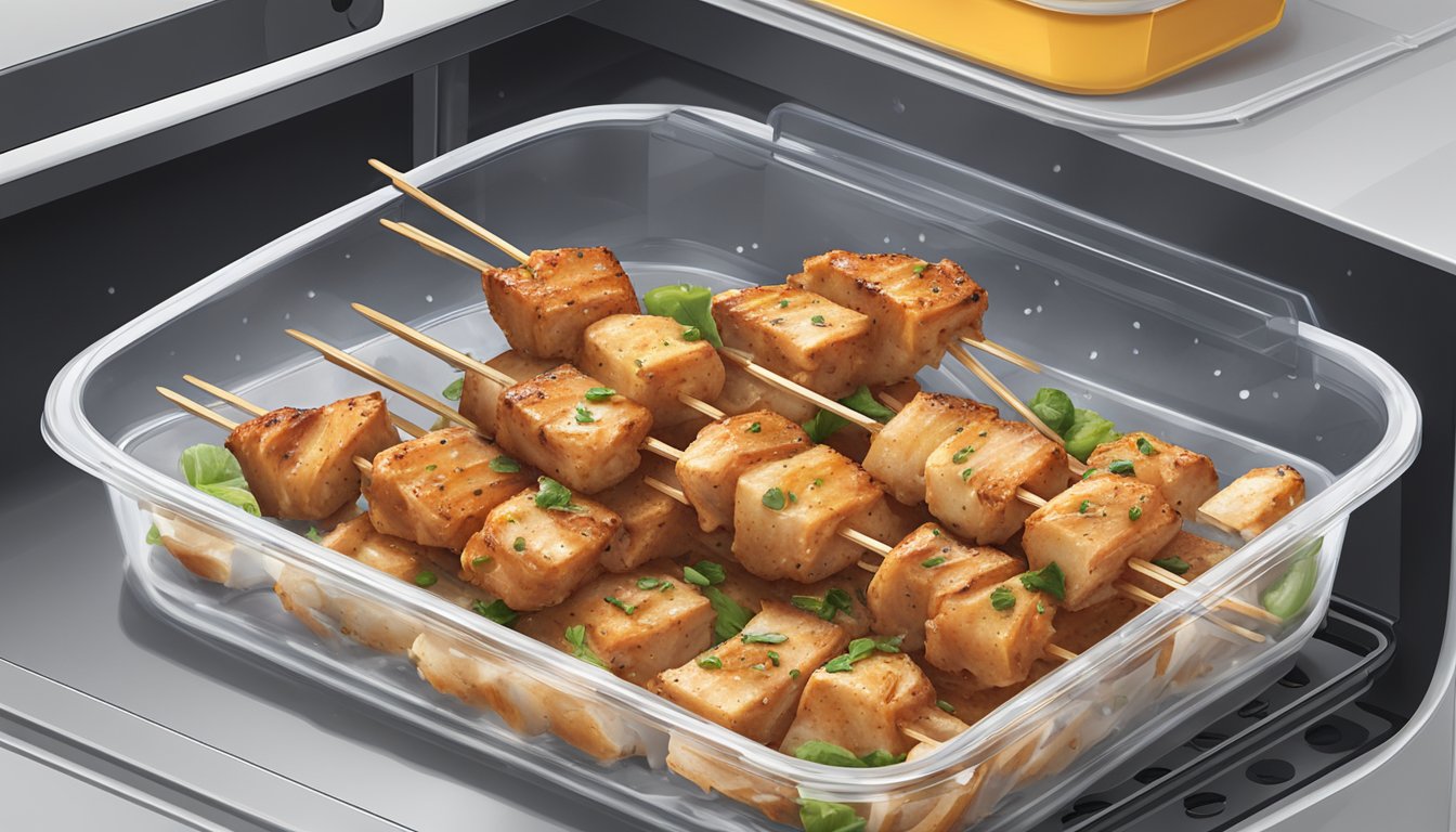 Gluten-free grilled chicken skewers being reheated in a microwave-safe container with a sprinkle of water, covered with a microwave-safe lid