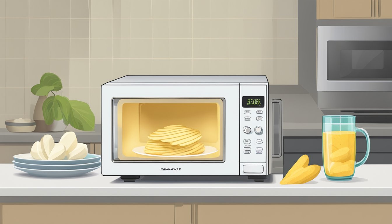 A microwave with a plate of gluten-free hearts of palm inside, a dish cover, and a timer set for reheating