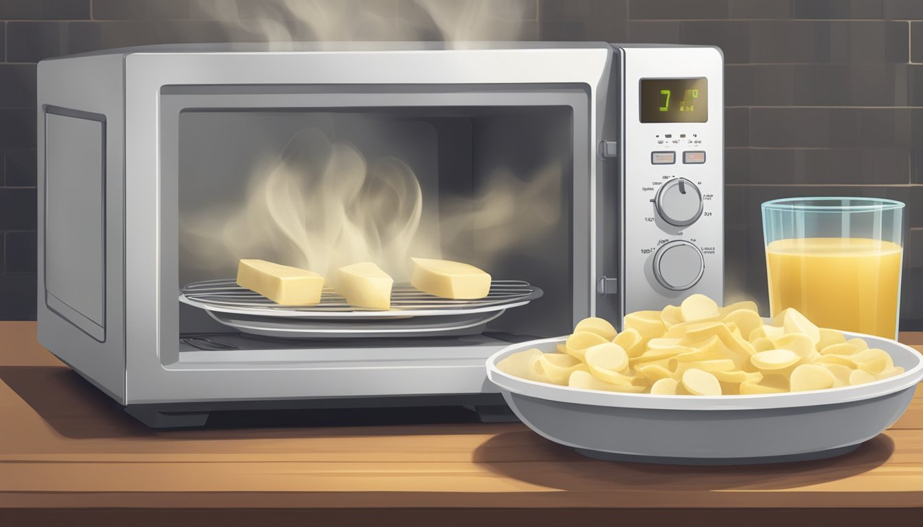 A microwave with a plate of sliced gluten free hearts of palm inside, steam rising from the dish