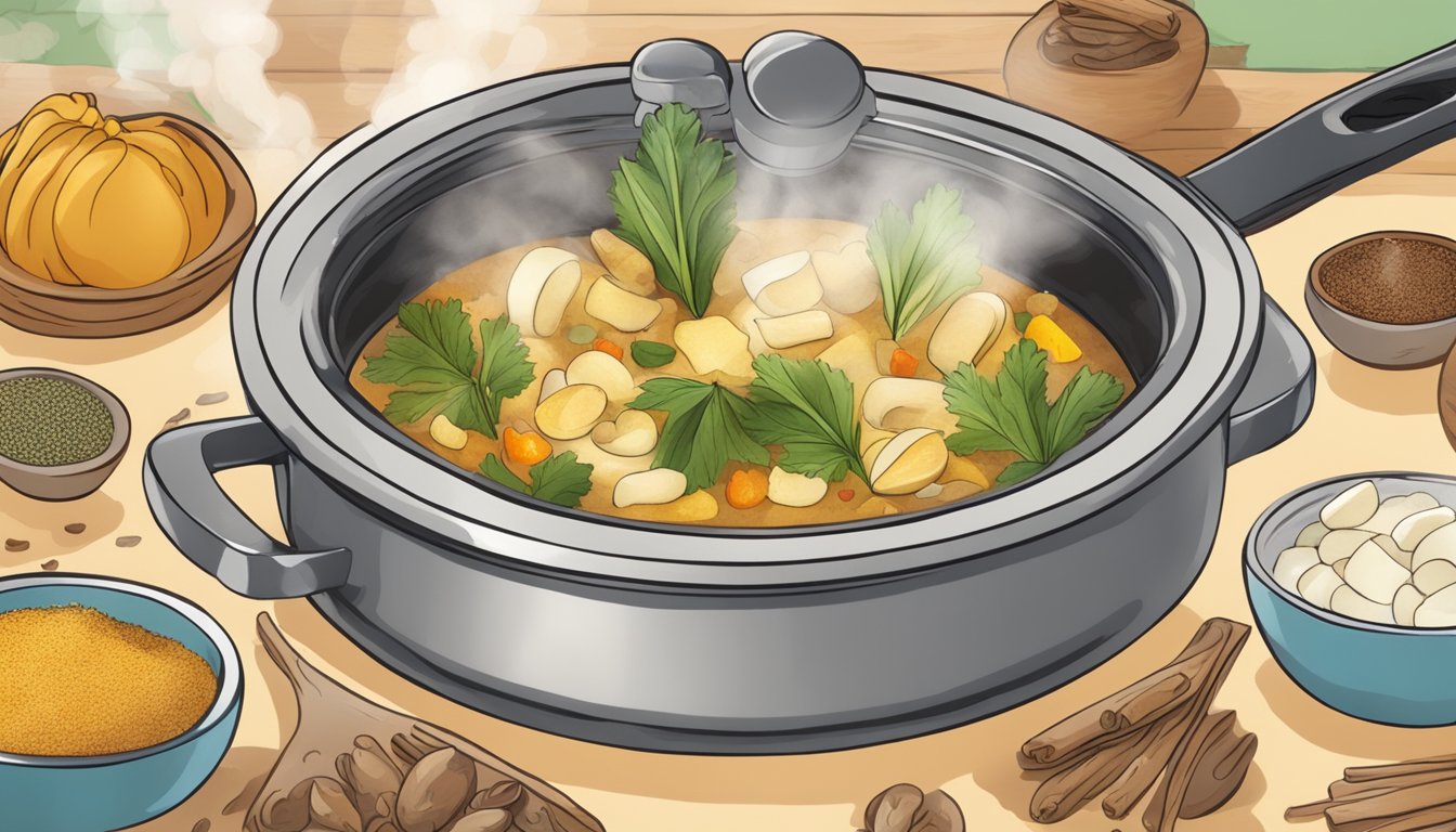 A steaming pot with hearts of palm being reheated, surrounded by various spices and seasonings