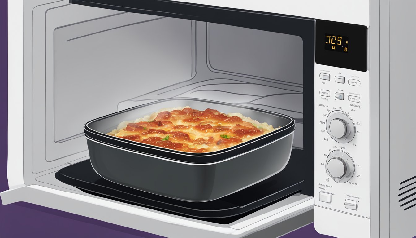 A microwave with a plate of gluten-free grilled eggplant parmesan covered with a microwave-safe lid