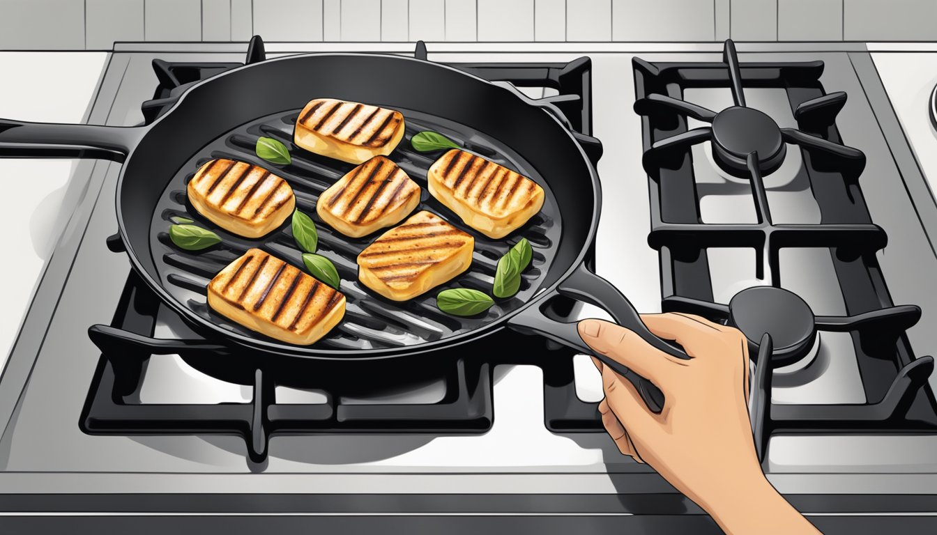 A hand holding a skillet with sizzling grilled halloumi over a stove burner