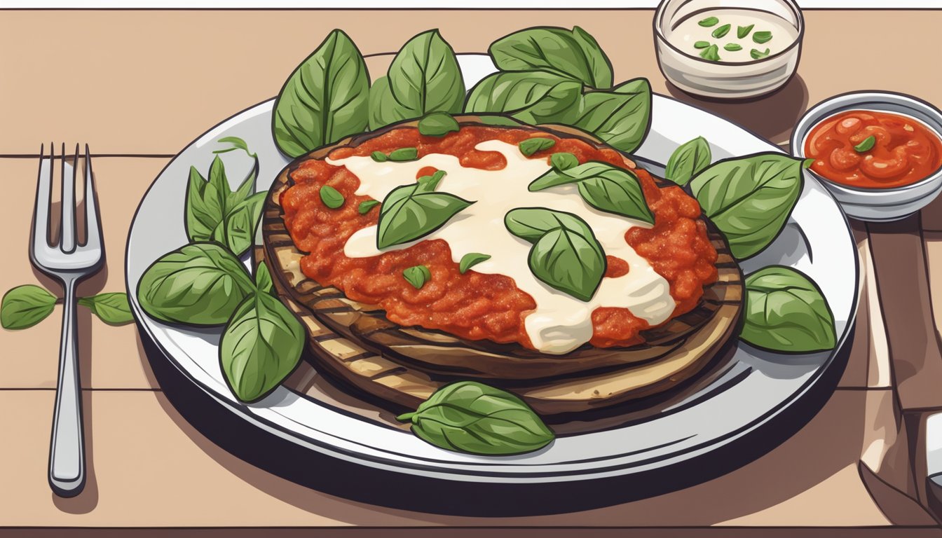 A plate with reheated gluten free grilled eggplant parmesan surrounded by fresh basil leaves and drizzled with marinara sauce