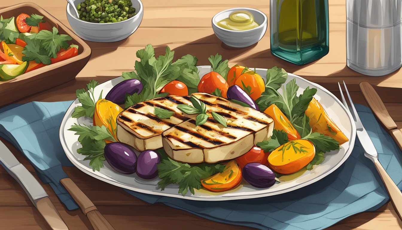 A plate with grilled halloumi, surrounded by colorful roasted vegetables, with a small dish of olive oil and herbs on the side