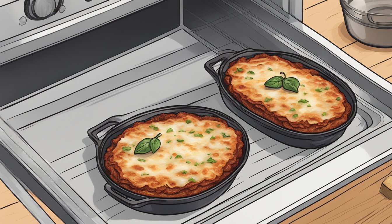 A baking dish with gluten-free grilled eggplant parmesan being placed in a preheated oven