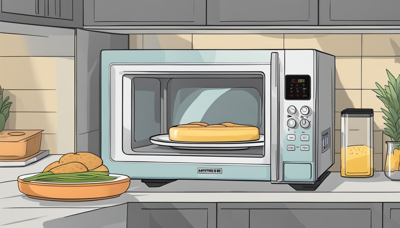 A microwave with an open door, a plate with gluten-free hearts of palm, and a timer set to reheat