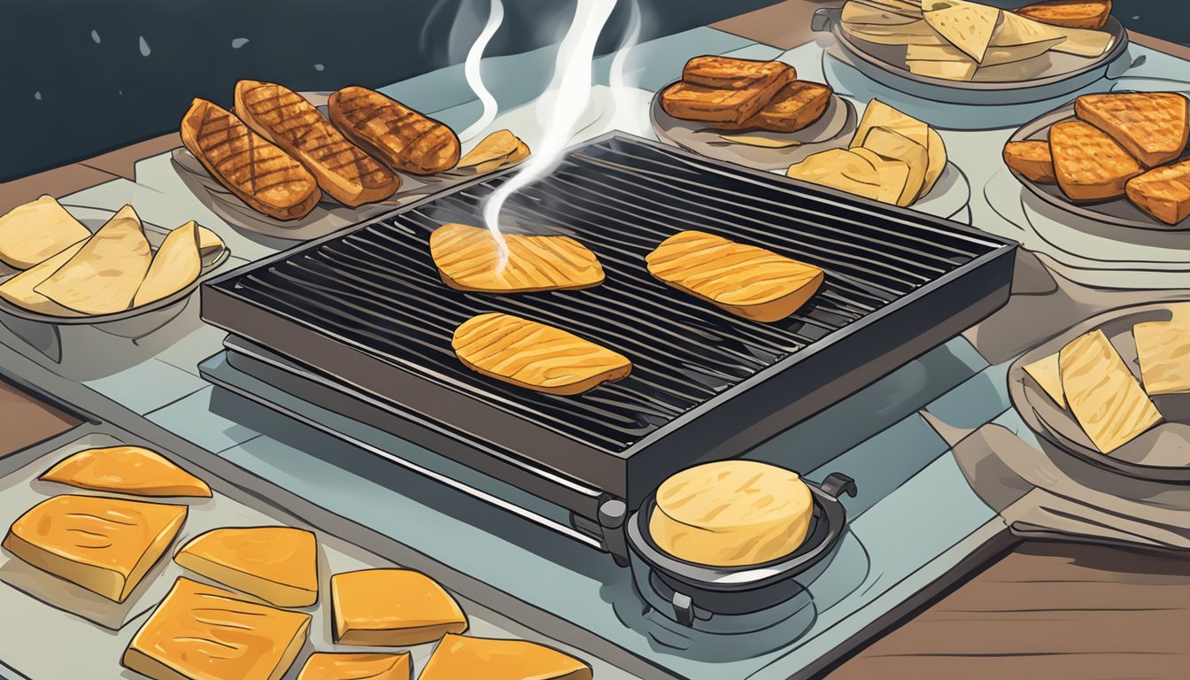 A sizzling grill with gluten-free halloumi cheese slices being reheated. Various alternative cheese options displayed in the background