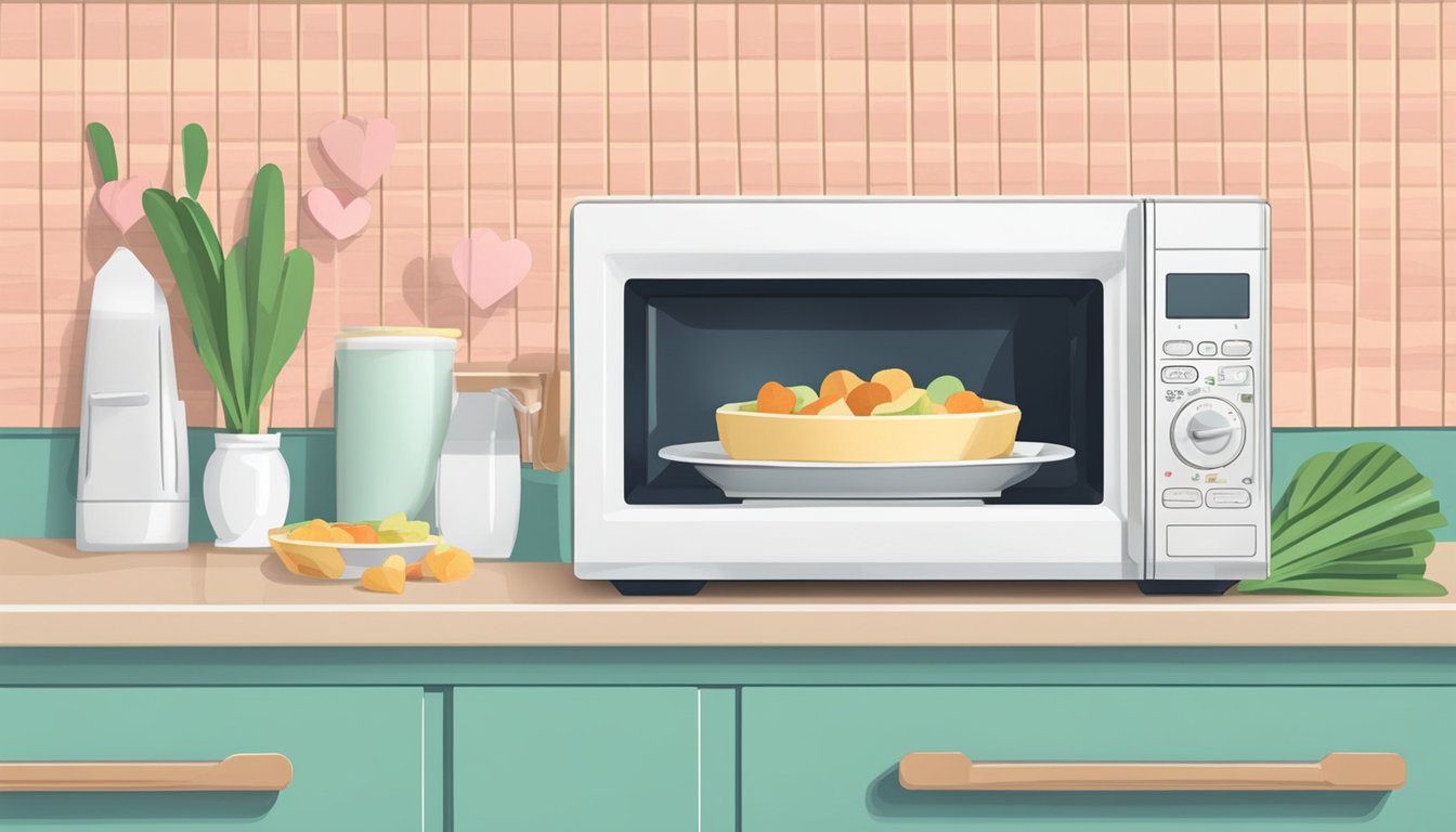 A microwave with an open door, a plate of hearts of palm, and a paper towel covering the plate