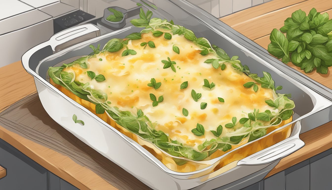 A steaming dish of gluten-free vegetable lasagna being carefully removed from the oven with a golden, bubbly top and fresh herbs sprinkled on top