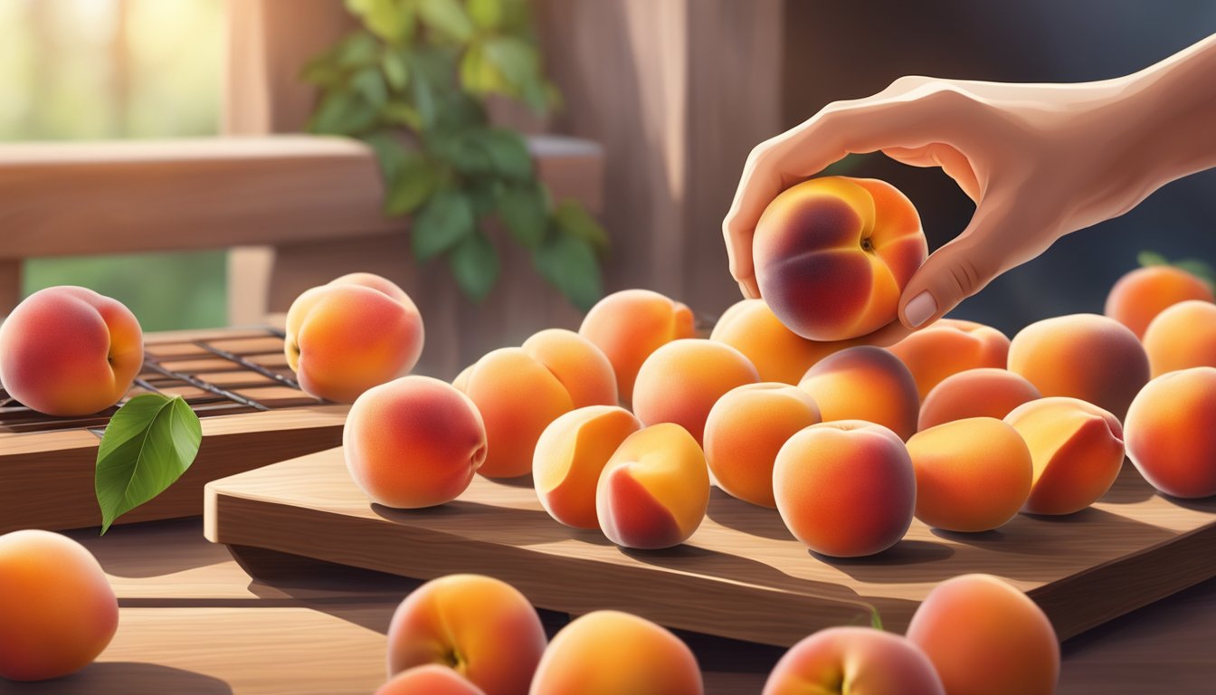 A hand reaching for a ripe peach on a wooden cutting board, surrounded by fresh peaches and a grill in the background